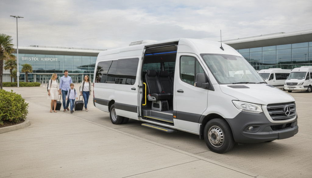 Bristol Airport Family Runs: Stress-Free Minibus Transfers for Larger Groups — executive minibus meeting a group at Bristol Airport