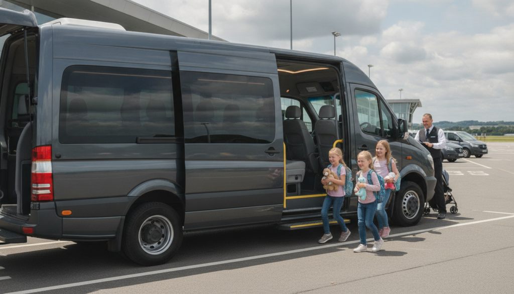 Half-Term Holidays: Smooth Minibus Journeys from Bristol Airport with Kids — executive minibus meeting a group at Bristol Airport