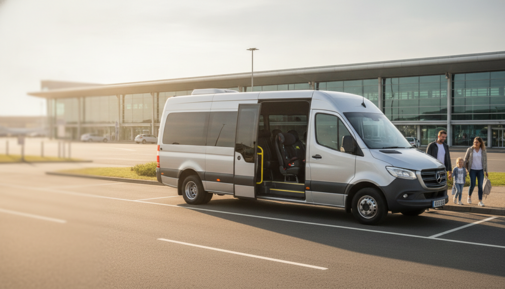 Luggage & Little Ones: The Easy Way to Travel to Bristol Airport by Minibus — executive minibus meeting a group at Bristol Airport