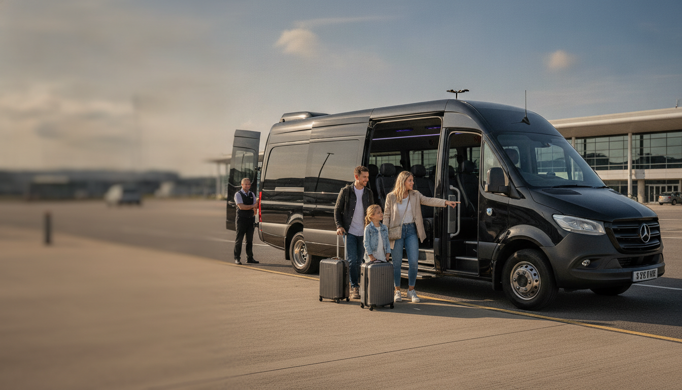 Making Memories: Your Family's Premium Bristol Airport Minibus Experience — executive minibus meeting a group at Bristol Airport