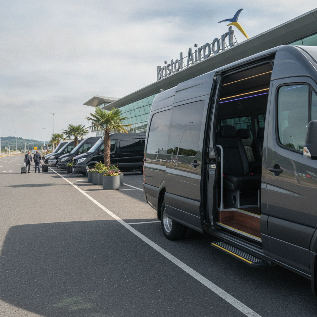Home — executive minibus meeting a group at Bristol Airport