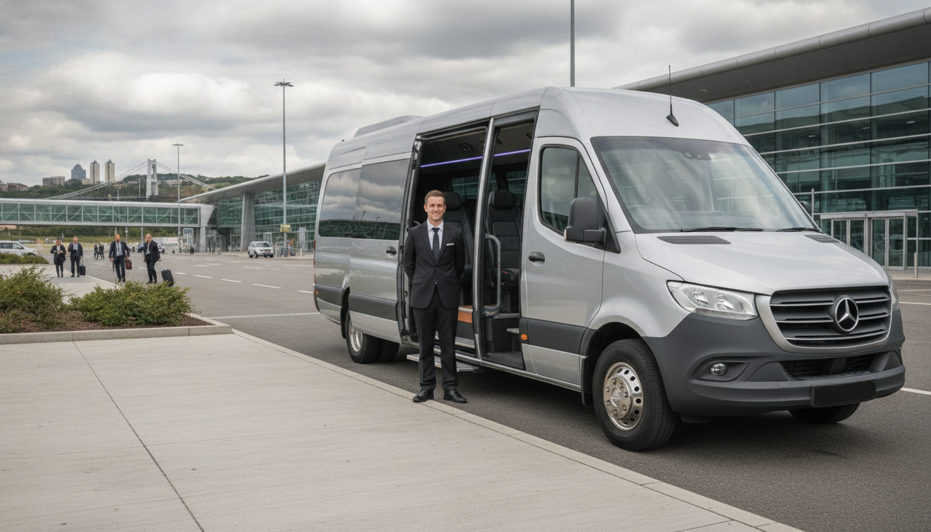 Executive Edge: Premium Minibus Transfers for Bristol Corporate Groups — executive minibus meeting a group at Bristol Airport