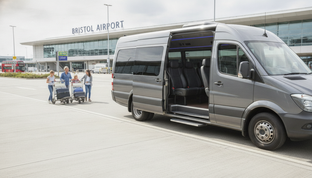 Planning Your Family Getaway: Bristol Airport Minibus Booking Guide — executive minibus meeting a group at Bristol Airport