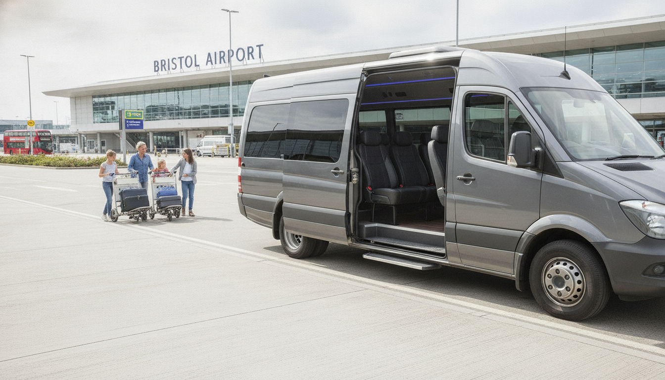 Planning Your Family Getaway: Bristol Airport Minibus Booking Guide — executive minibus meeting a group at Bristol Airport