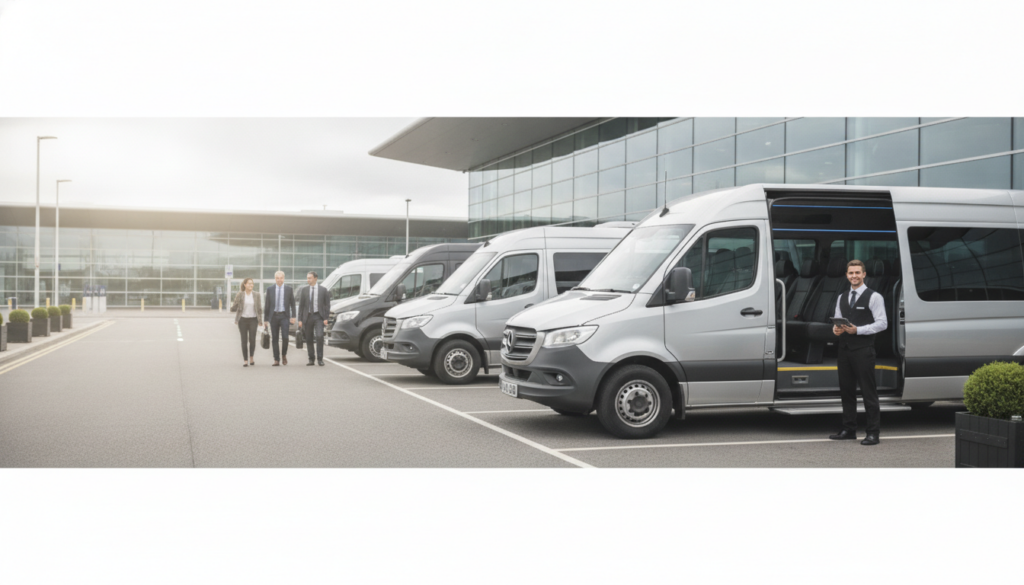 Seamless Business Travel: Bristol Airport Minibus for Your Team — executive minibus meeting a group at Bristol Airport