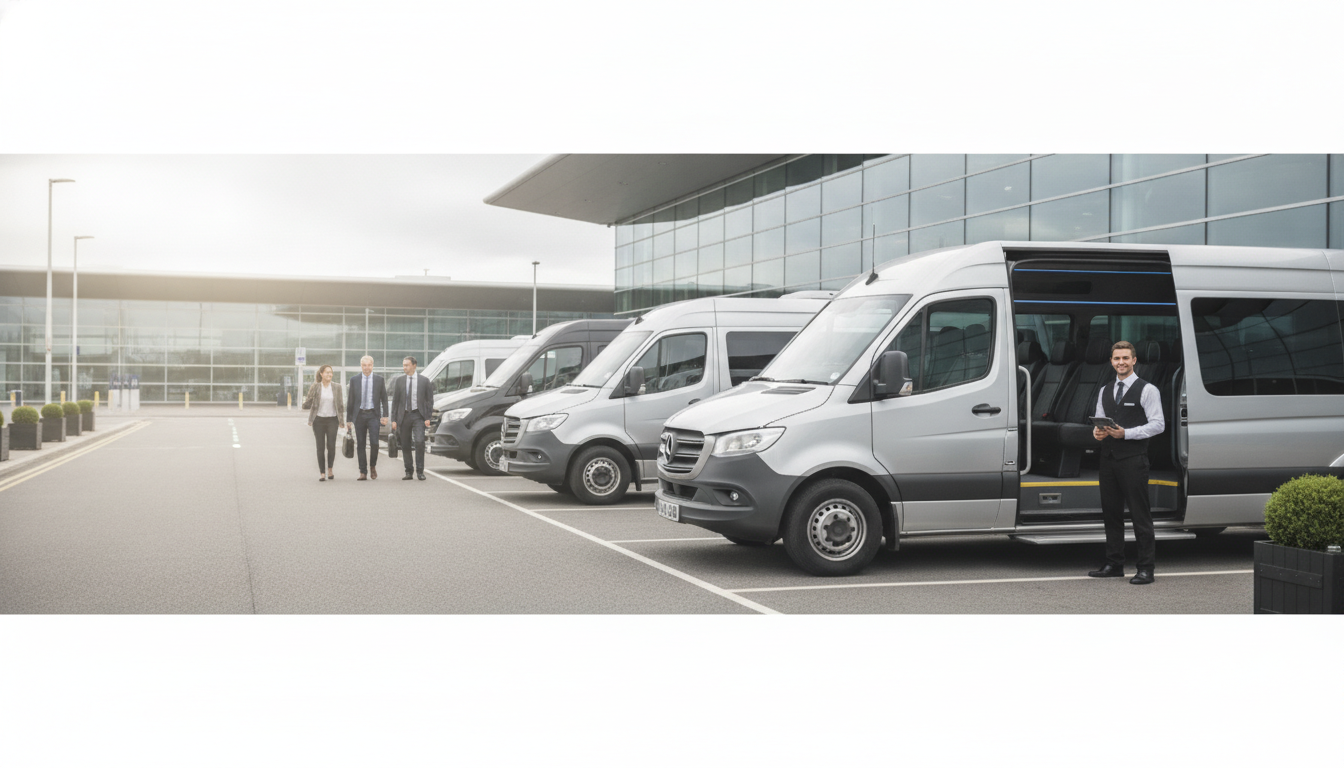Seamless Business Travel: Bristol Airport Minibus for Your Team — executive minibus meeting a group at Bristol Airport