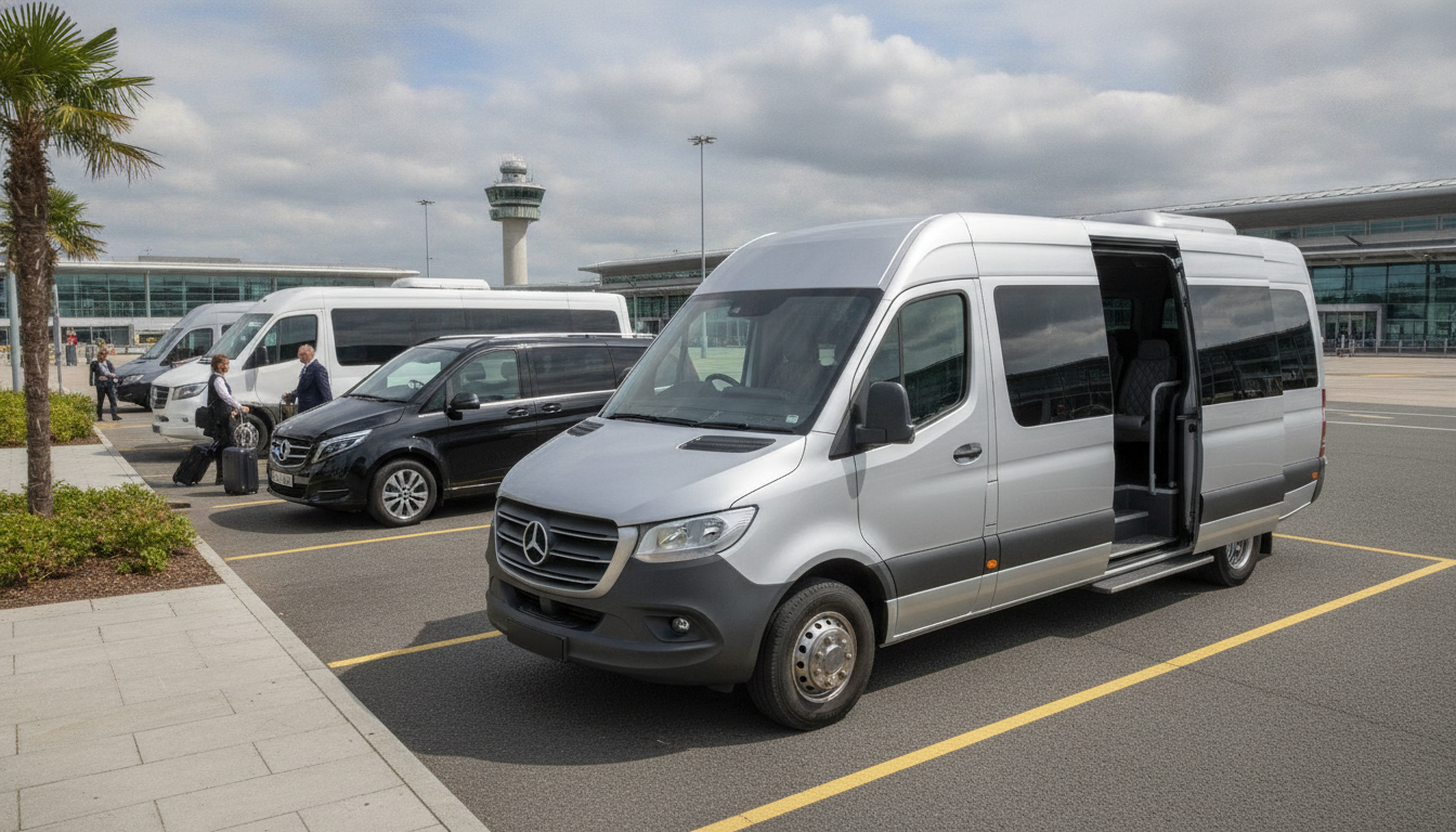 Summer Holidays Start Here: Reliable Minibus Transfers from Bristol Airport — executive minibus meeting a group at Bristol Airport