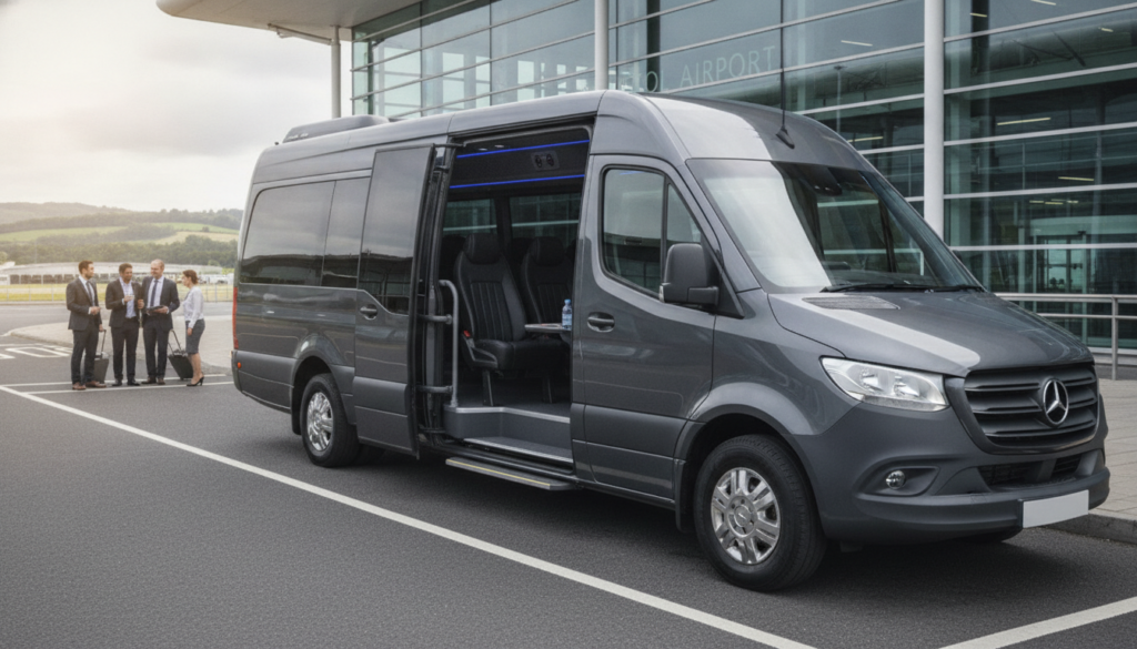 From Runway to Meeting Room: Efficient Corporate Minibus Transfers in Bristol — executive minibus meeting a group at Bristol Airport